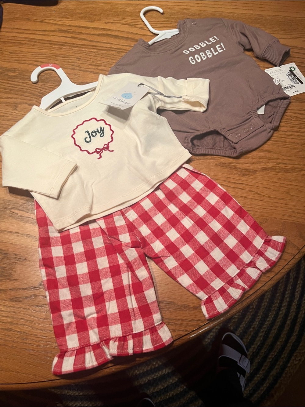 Cloud island Cream 'Joy' Top with Red Gingham Pajama Pants Gobble Onsie